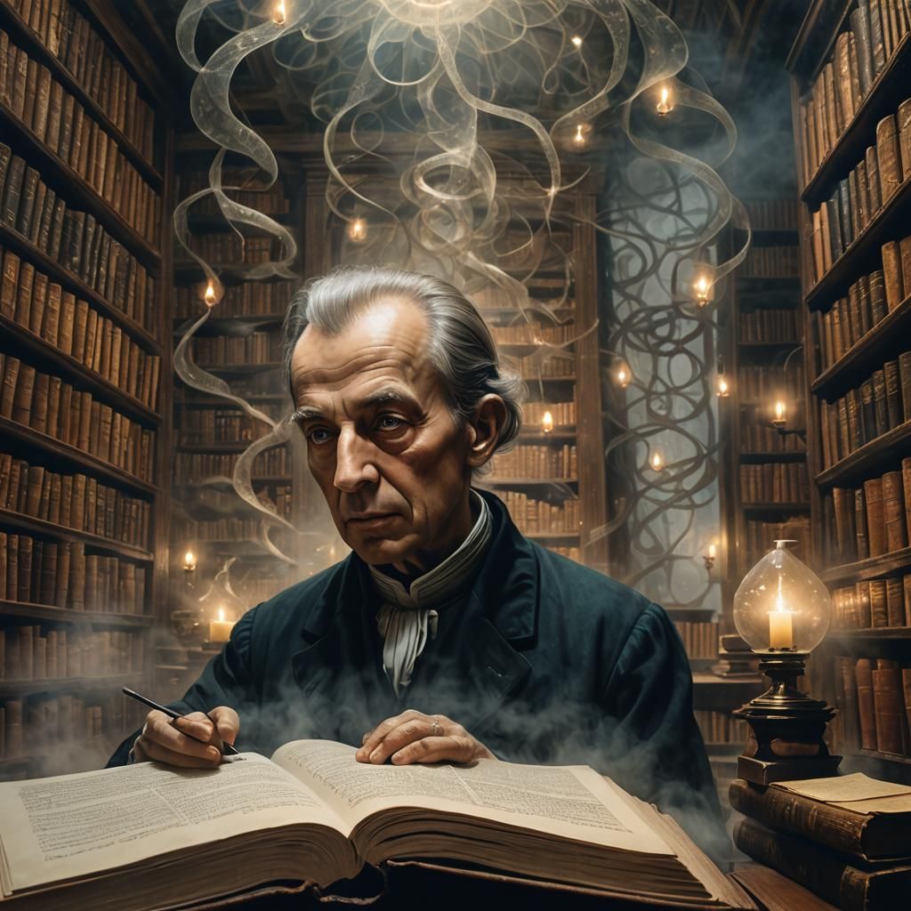 Surreal Portrait of Immanuel Kant in Mystical Library