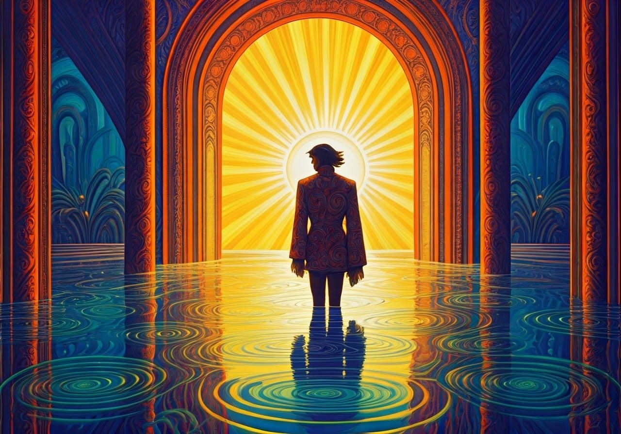 Amber Reflection Murmur Moebius art deco romanticism quilling brocade filigree oil on canvas spiraling aurora colorful l...