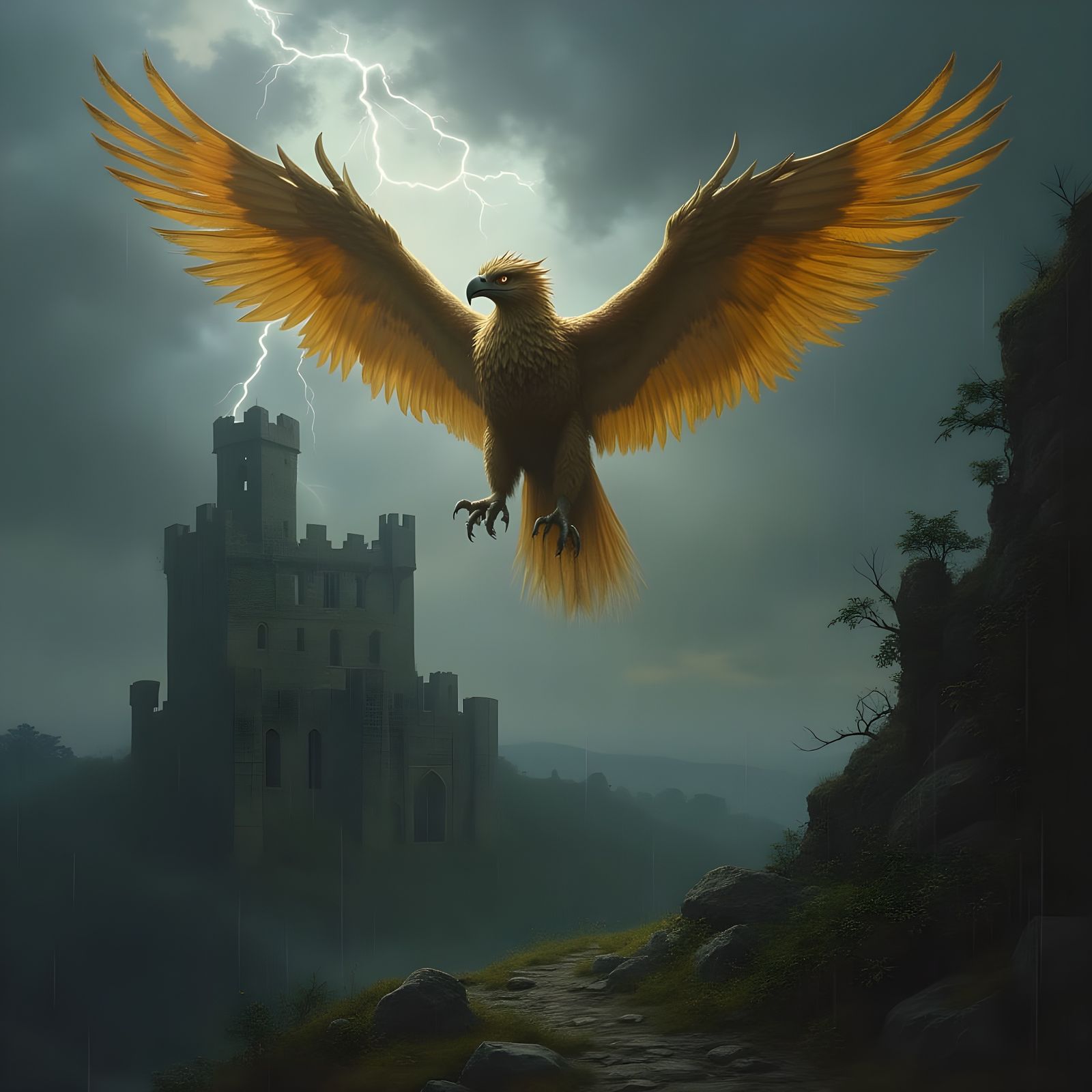 Majestic Griffin Soars Above Forgotten Castle in Classic Oil...