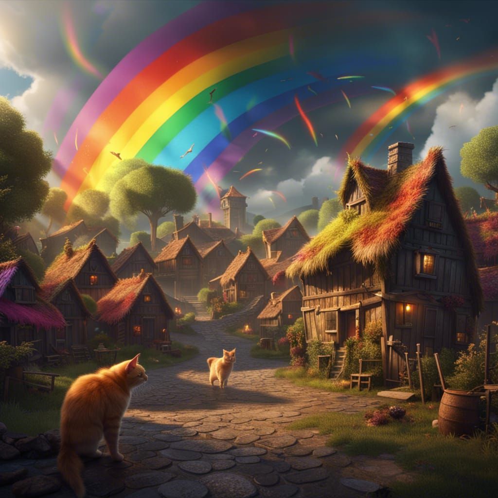 Happy Village Scene with Rainbow and Cats