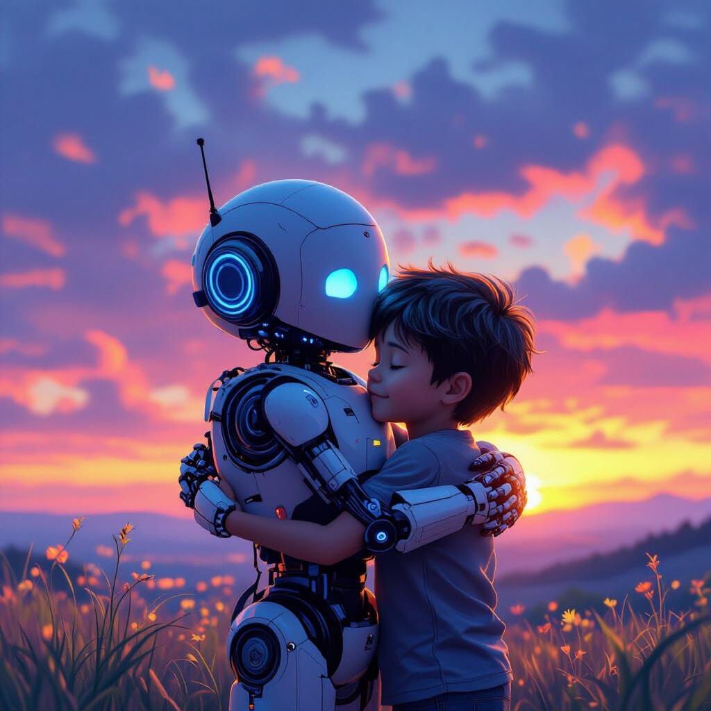Boy and Robot Watch Vibrant Sunset, Fantasy Concept Art