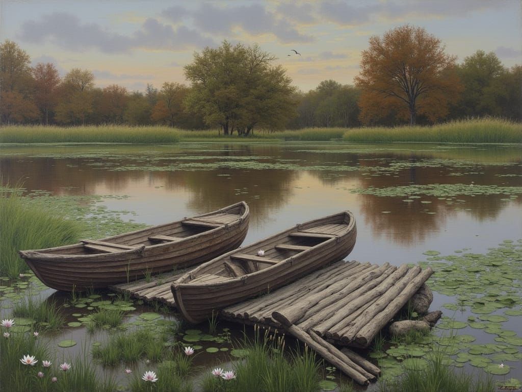 Riverbank Village with Ancient Boats and Distant Forest