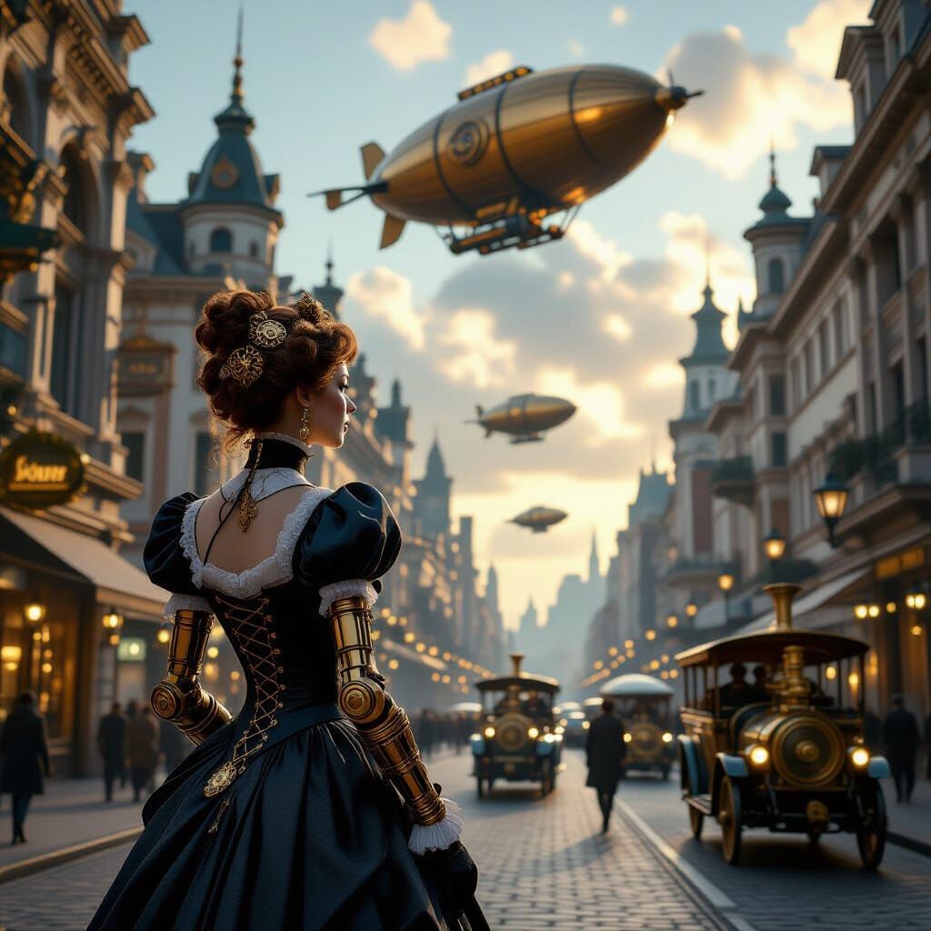 Victorian Woman in Steampunk City with Dirigibles