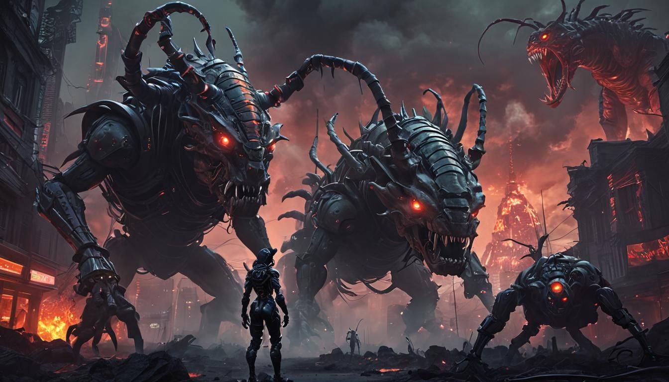 Cyberpunk Dreamscape with Cybernetic Beasts and Hellish Infe...