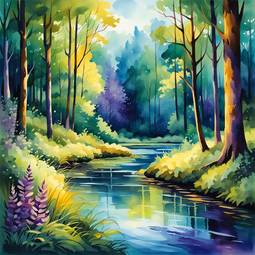 Serene Forest Glade in Watercolour Style