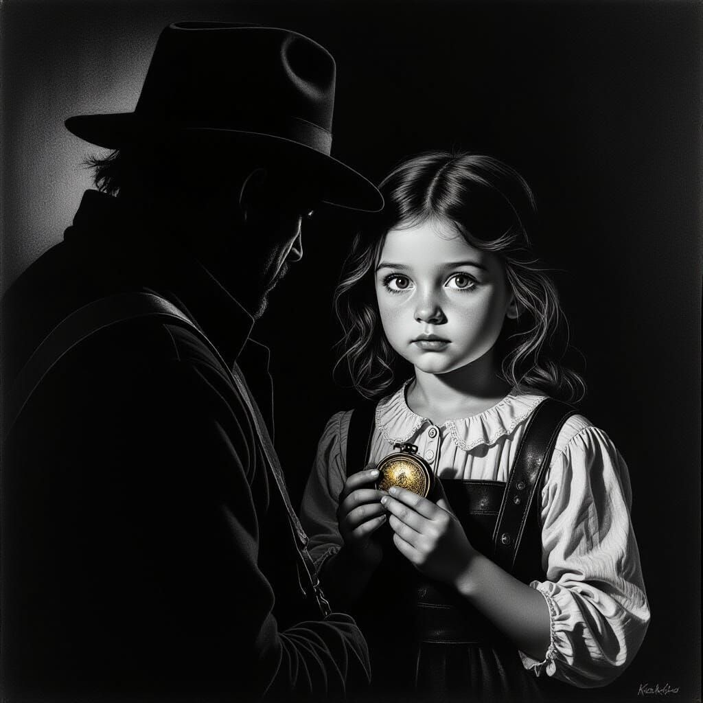 Charcoal Drawing of Girl and Shadowy Robber
