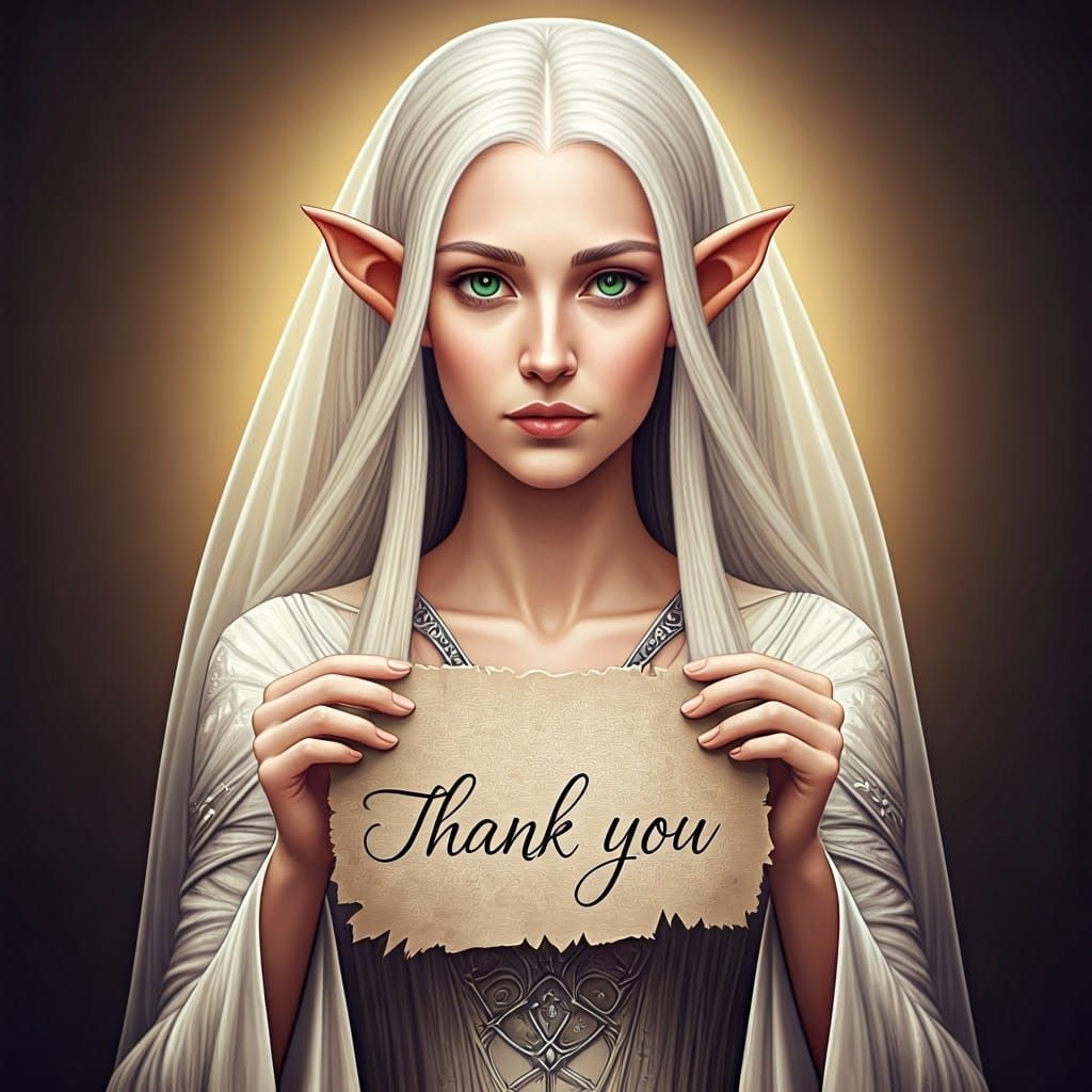 Elegant Elf Maiden Expresses Gratitude in Whimsical Medieval...