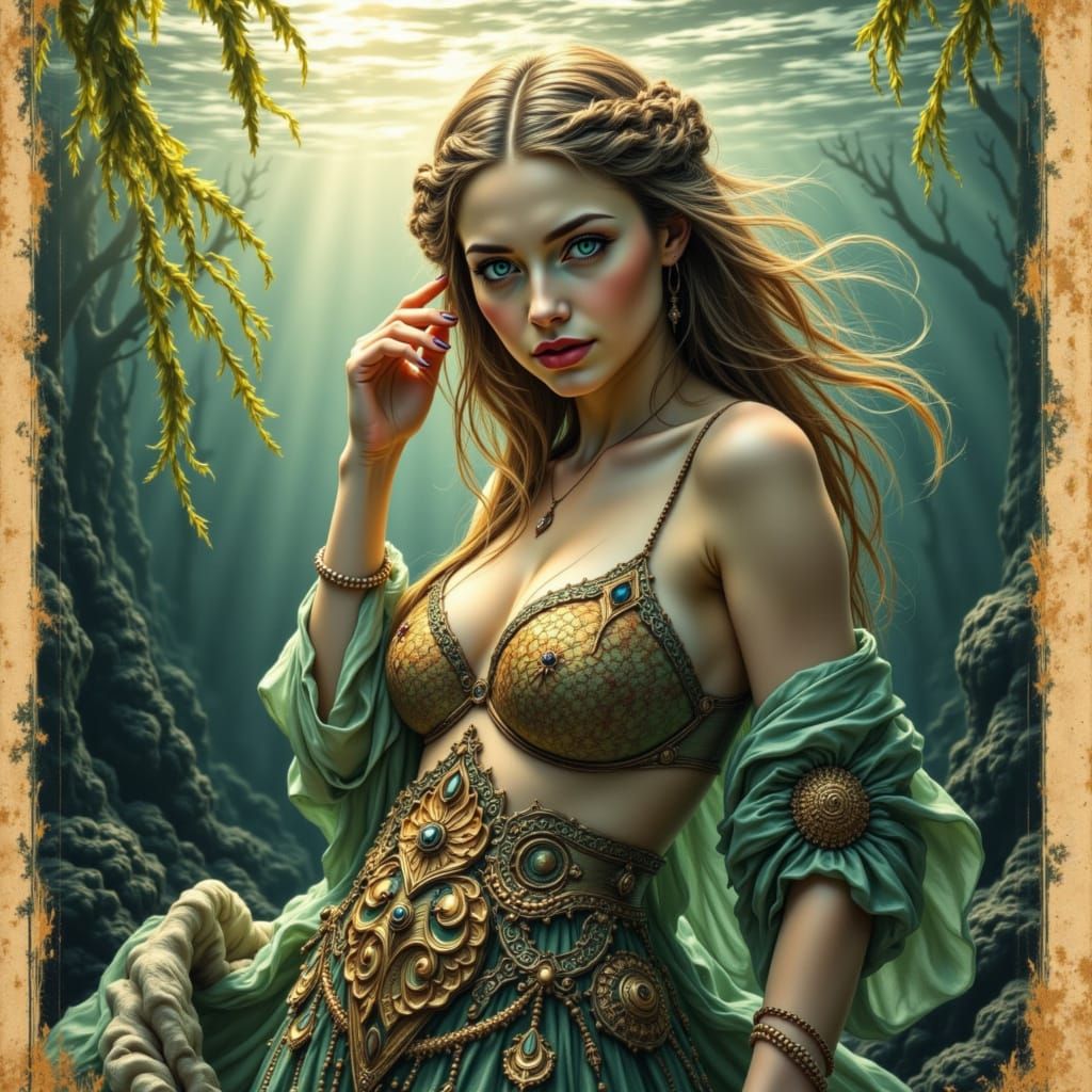 Renaissance Siren in Iridescent Armor by the Sea