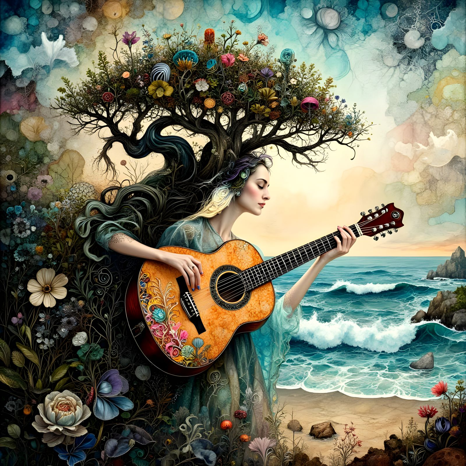 Woman with Guitar by Bonsai Tree on Cliff at Sunset