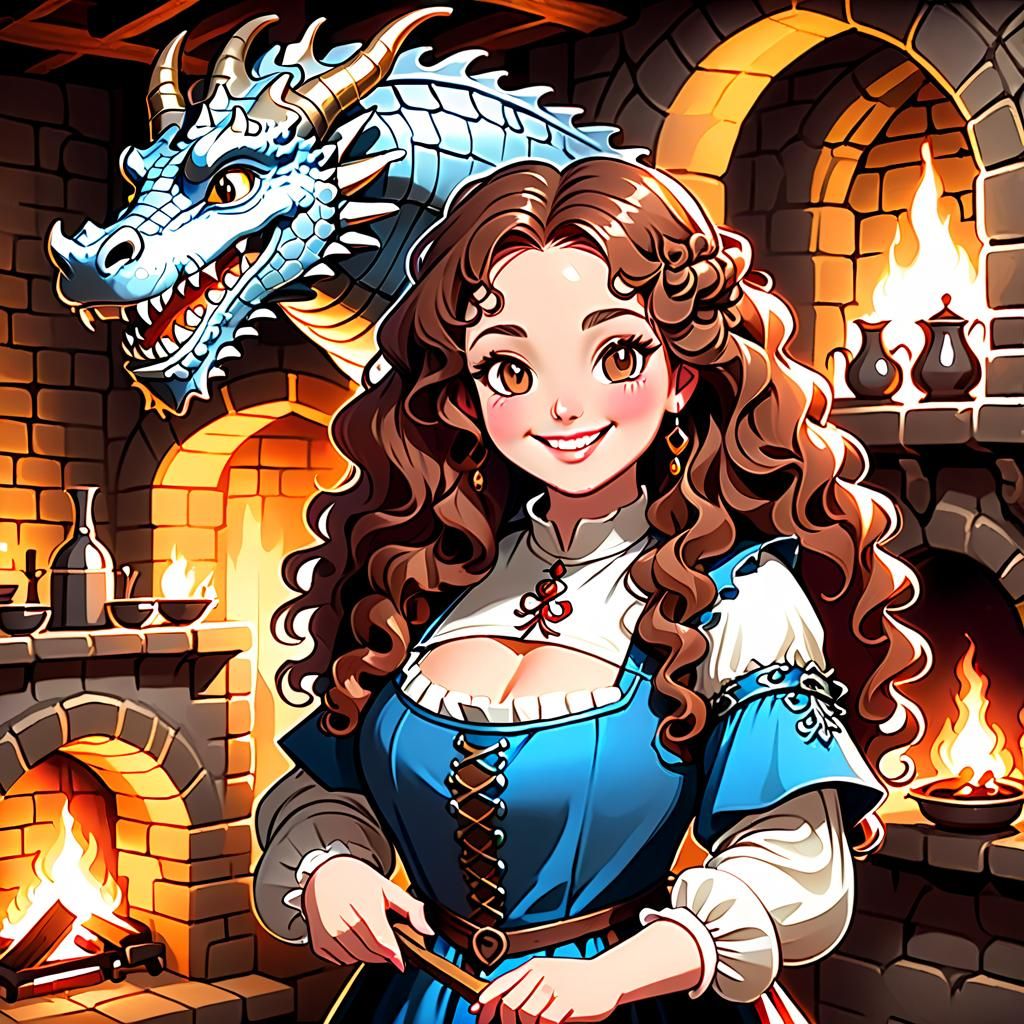 Medieval Woman Cooking Dragon in Castle Basement