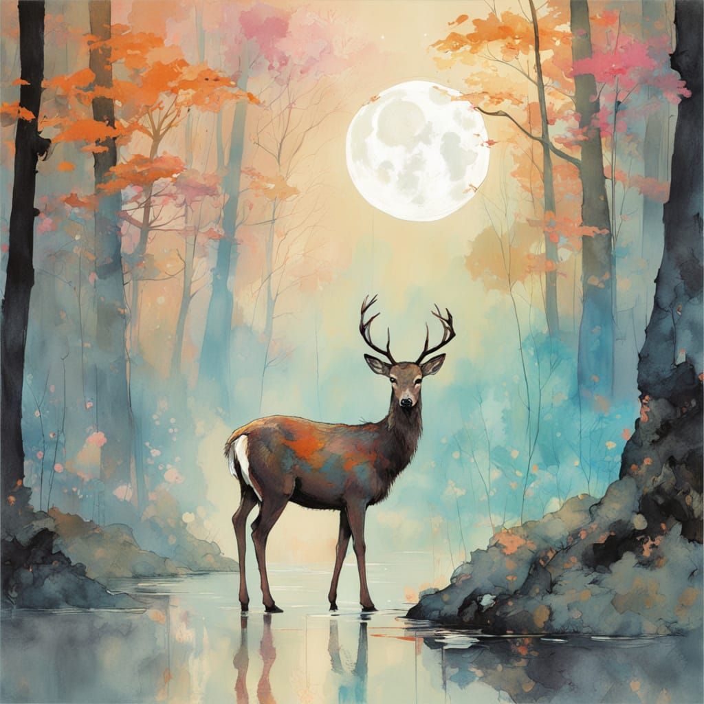Ethereal Moonlit Deer in a Foggy Forest