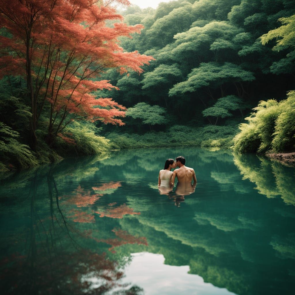 Couple in Serene Poolside Moment, Cinematic Film Still