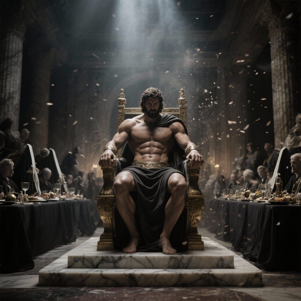 King Theseus on Throne at Funeral Feast