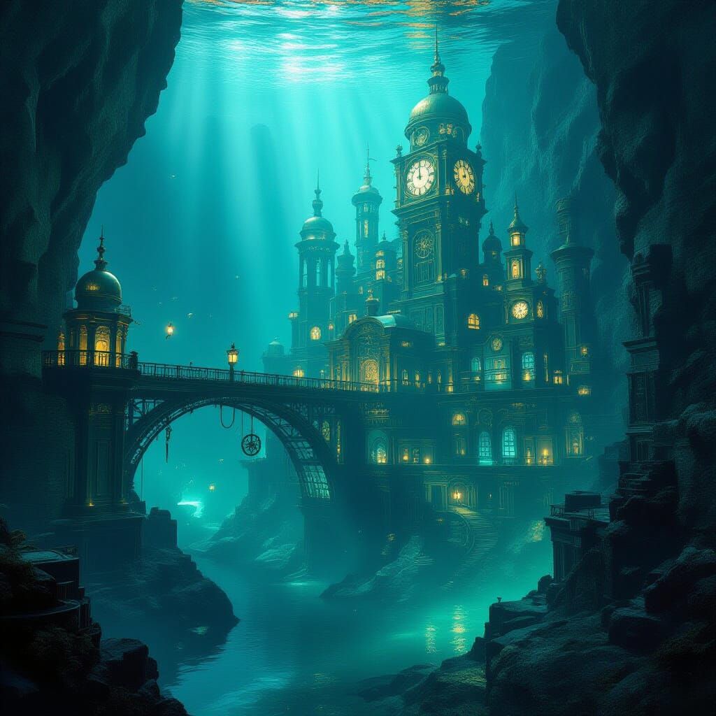 Steampunk City Underwater in Mountain Lake