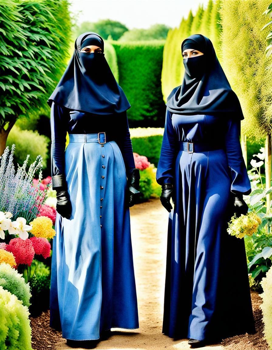 Niqabi Teachers Chatting in a Vibrant Garden