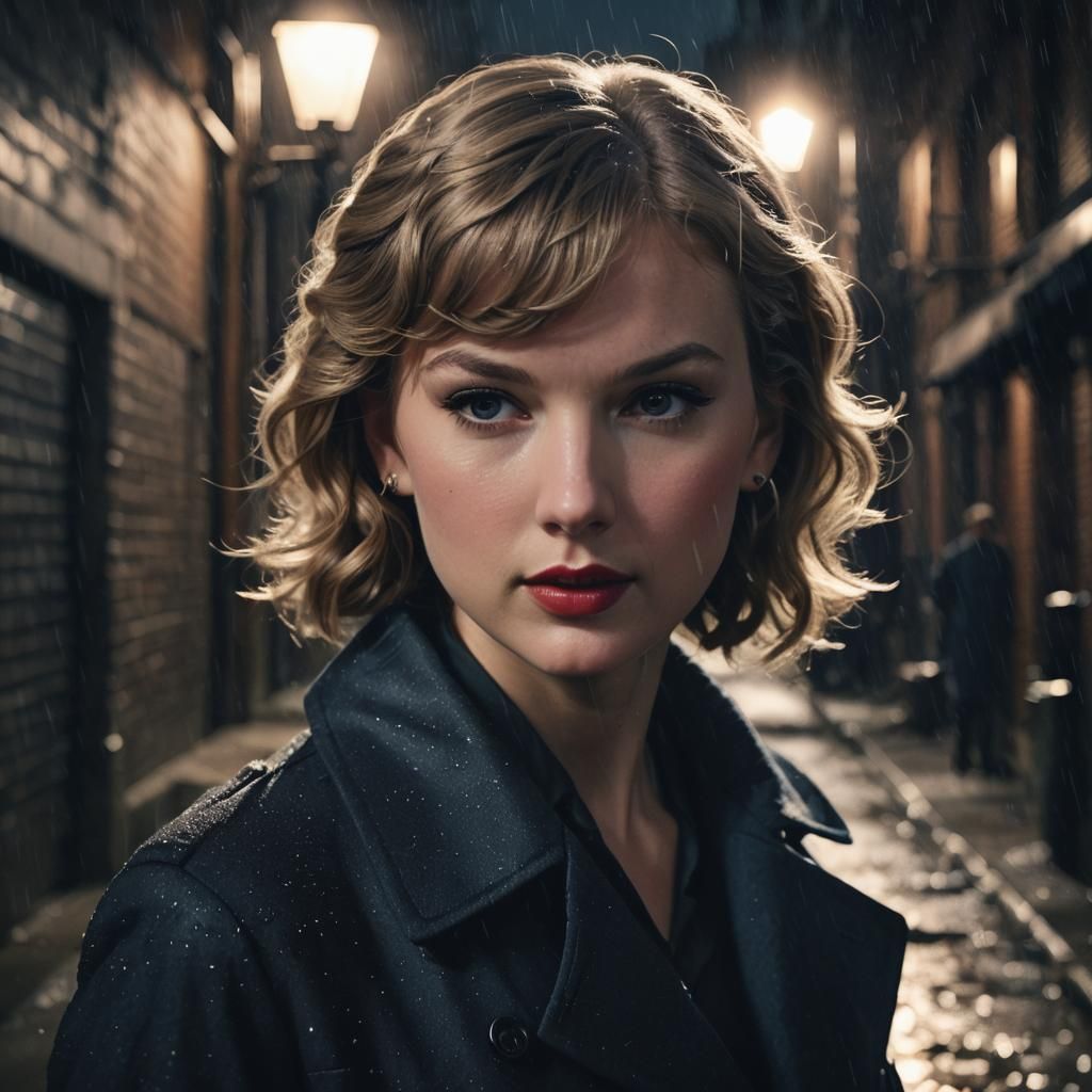 Taylor Swift as Film Noir Detective in Rainy City