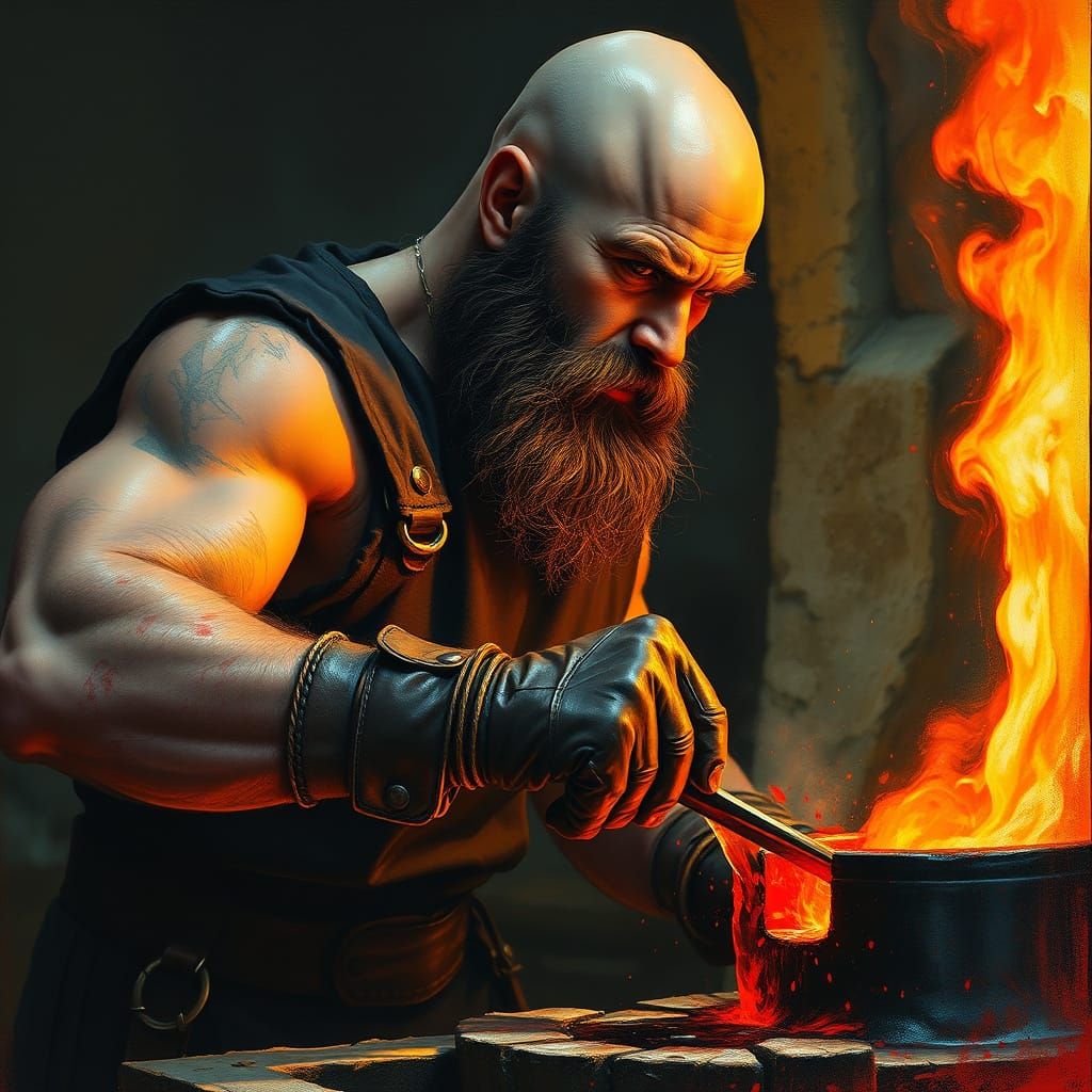 Viking Blacksmith Pours Molten Iron: Hyperrealistic Dark Fan...