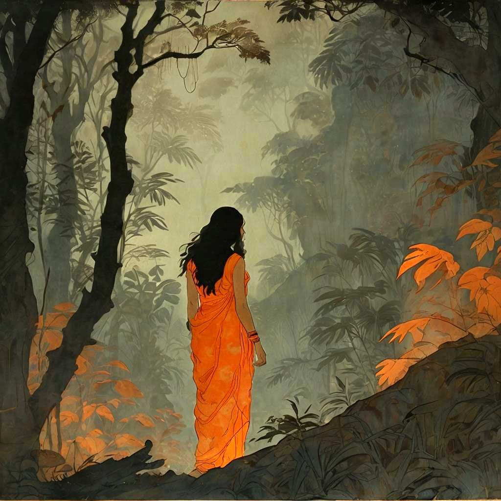 Cavewoman in Orange, Inspired by Woodblock Prints