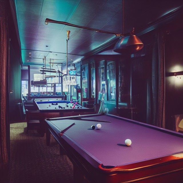 Billiards Table with Balls and Cues