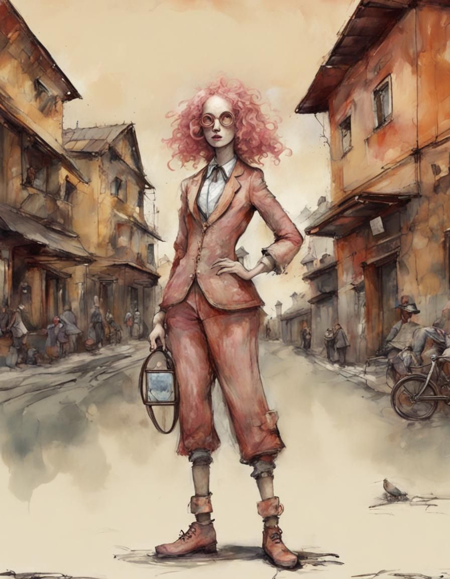 Eccentric Woman Patrolling Village Square in Art Brut Style