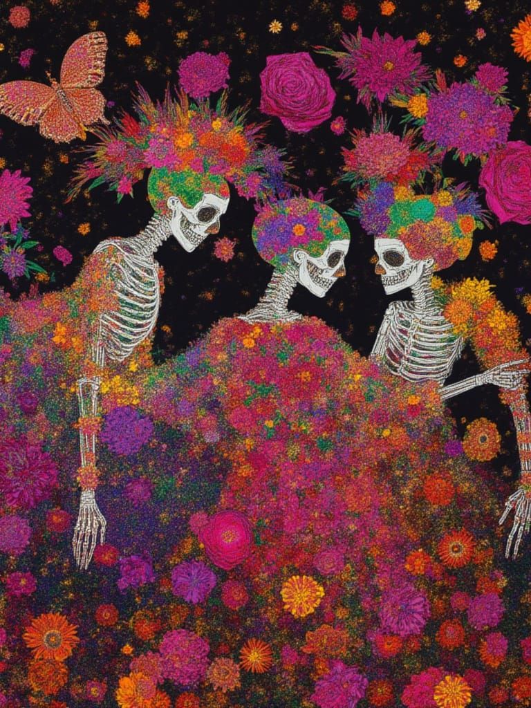 Dia de Los Muertos Skeletons Dancing in Kaleidoscopic Vision