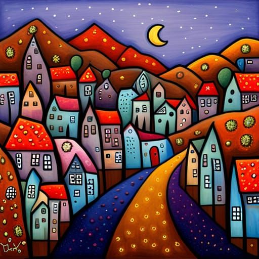 Colorful Whimsical Village Inspired by Folk Art