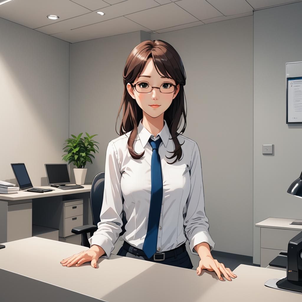 Anime Secretary at Front Desk in Cel-Shaded Style