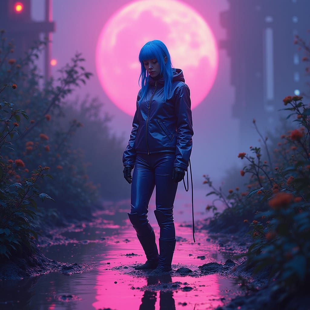 Cyborg Amidst Apocalyptic Vines in Neon Space