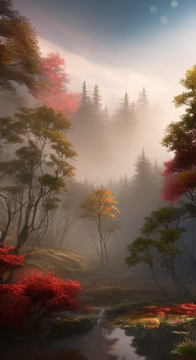 Angelic Figure in Wooded Landscape, Detailed Matte Painting