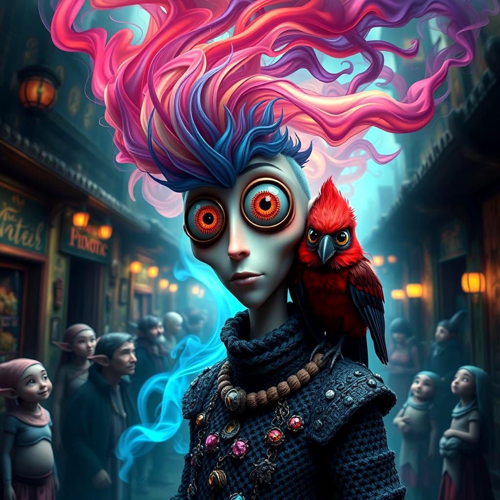 Mystical Marketplace with Gothic-Punk Humanoid Smoke