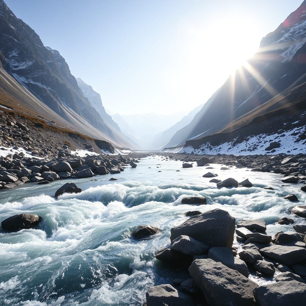 Spectacular Glacial River Flows Through Majestic Mountains i...