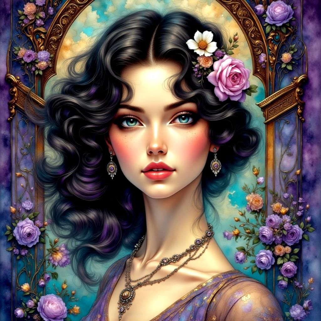 Mysterious Woman Portrait in Art Deco Watercolor Style