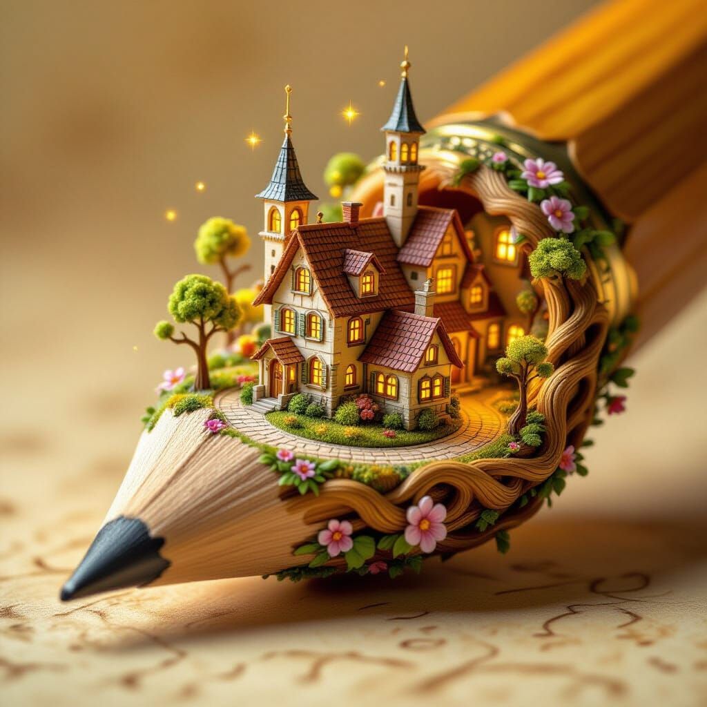 Surreal Village Inside Giant Pencil, Macro Photography
