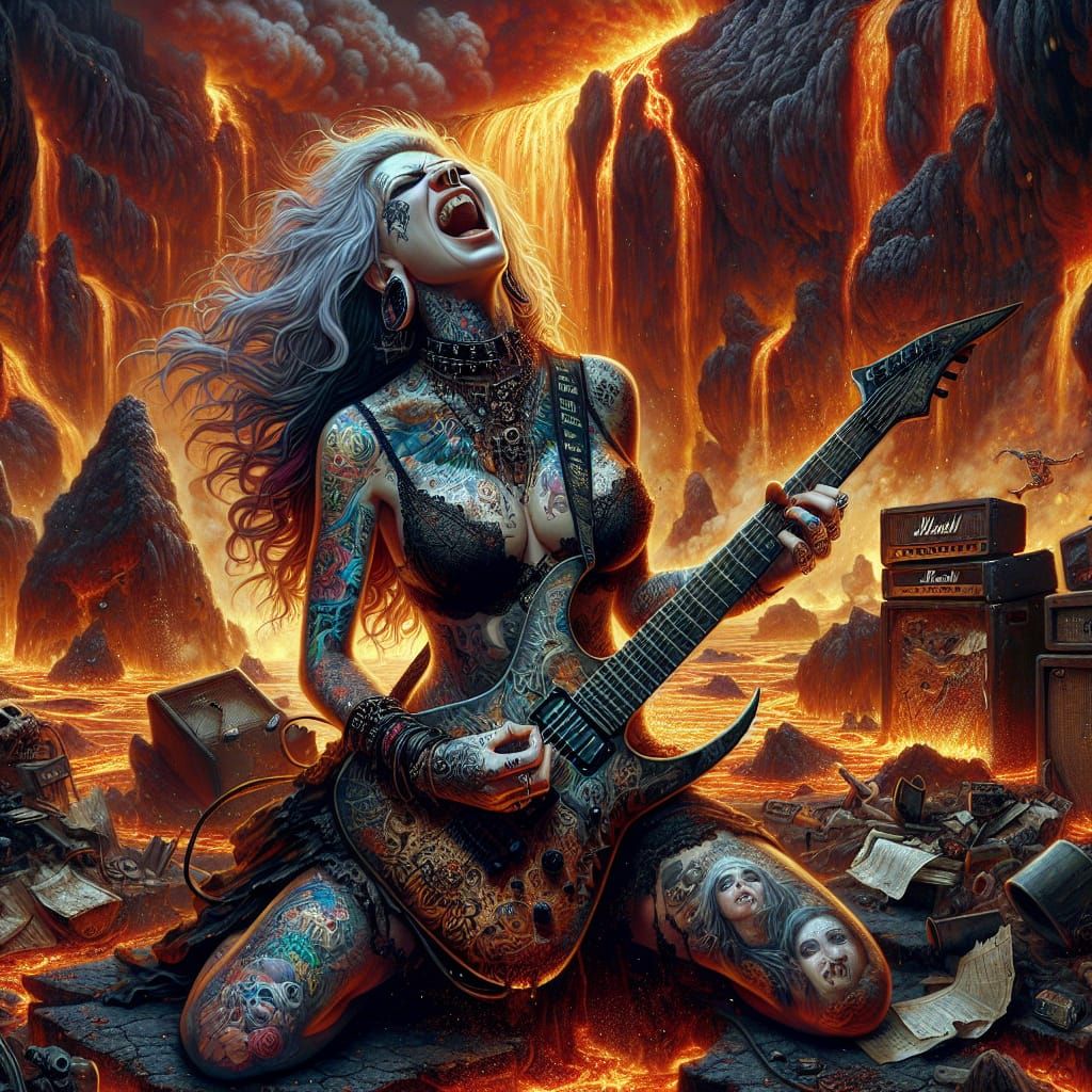 Goth Guitarist Shredding in Volcano, Oil Painting