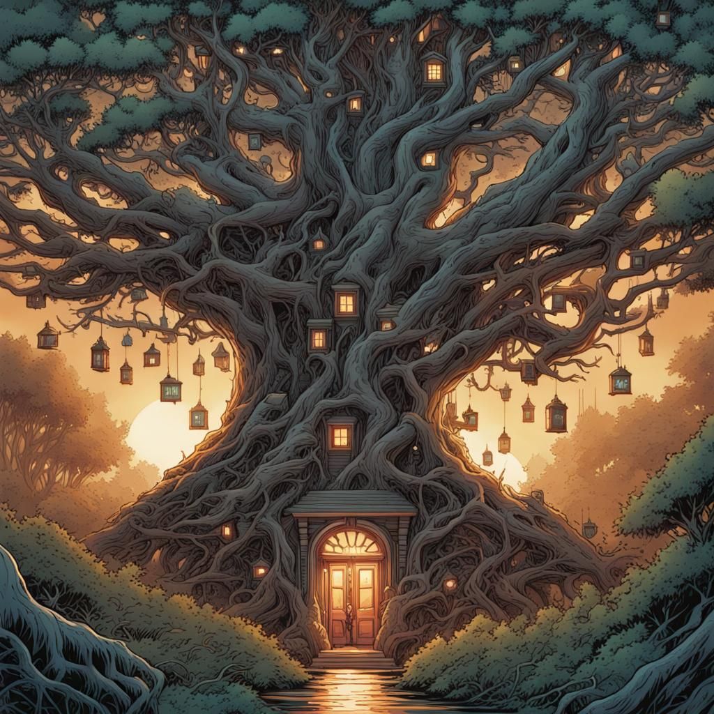 Magical Tree with Tiny Doors in Comic Book Art