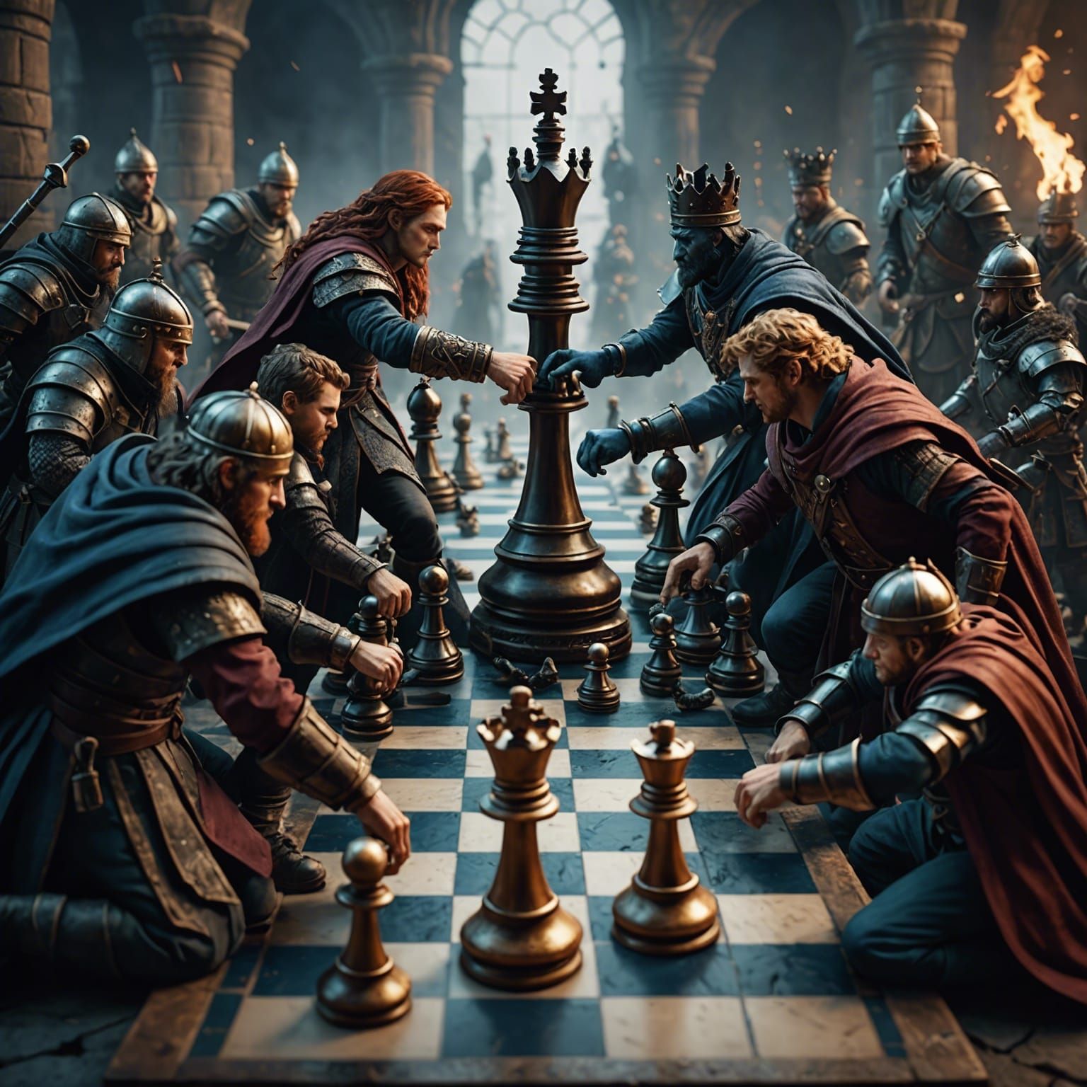 People Battle Chess Pieces in Detailed Matte Painting