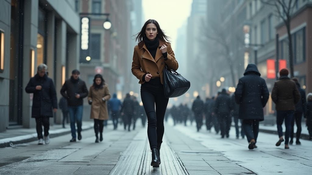Woman Running in Winter Cityscape: Cinematic Realism