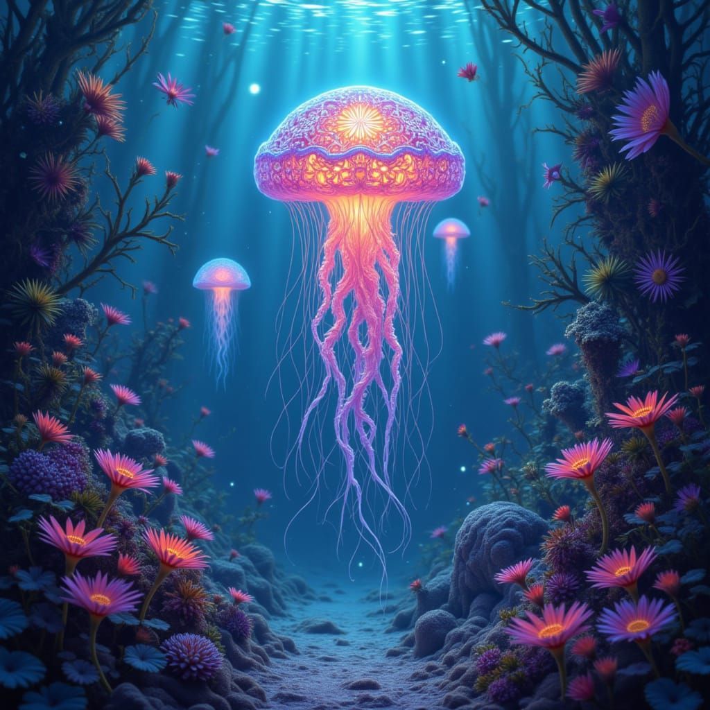 Bioluminescent Jellyfish in Underwater Celtic Forest
