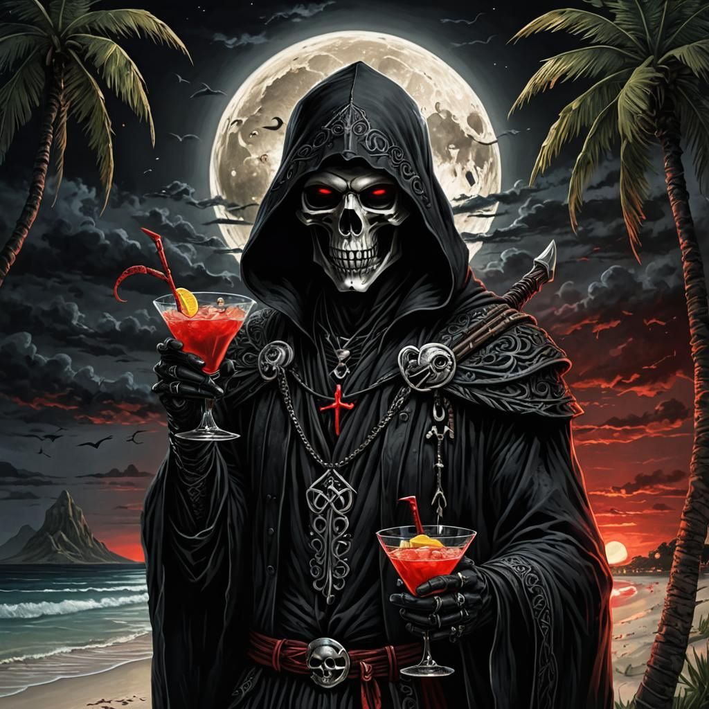 Grim Reaper's Tropical Getaway in Dark Fantasy Style