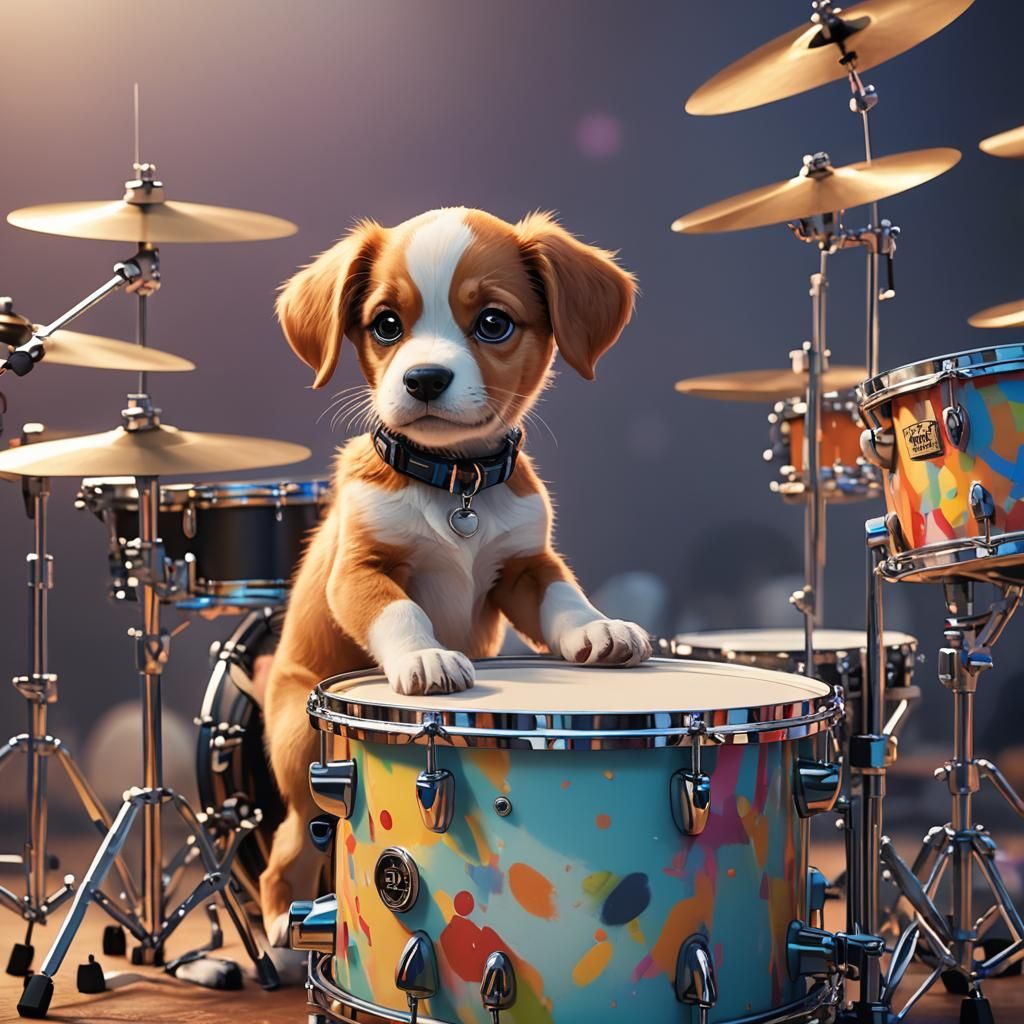 Puppy's Drumming Debut: Pixar-Inspired Digital Art