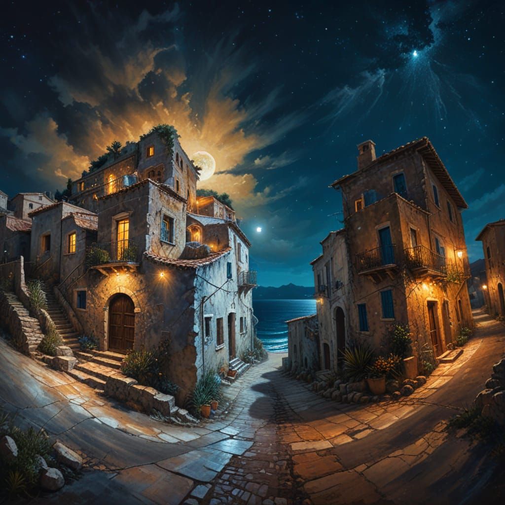 Mediterranean Village Street at Night as Acrylic Painting