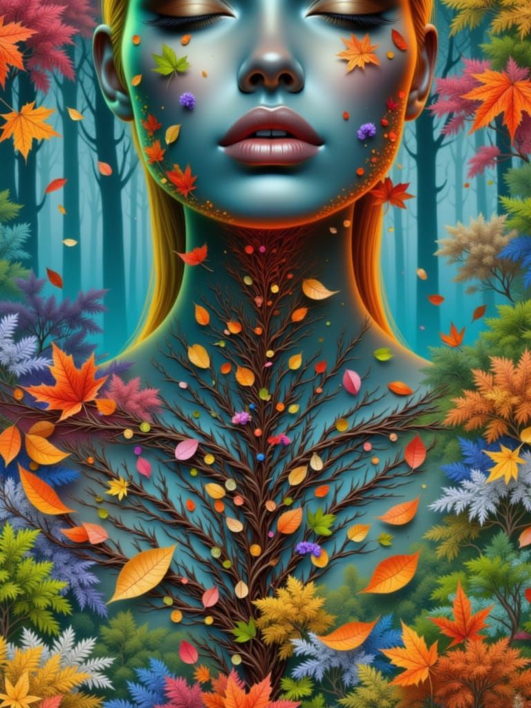 Autumn Goddess Amidst Swirling Leaves in Golden Light