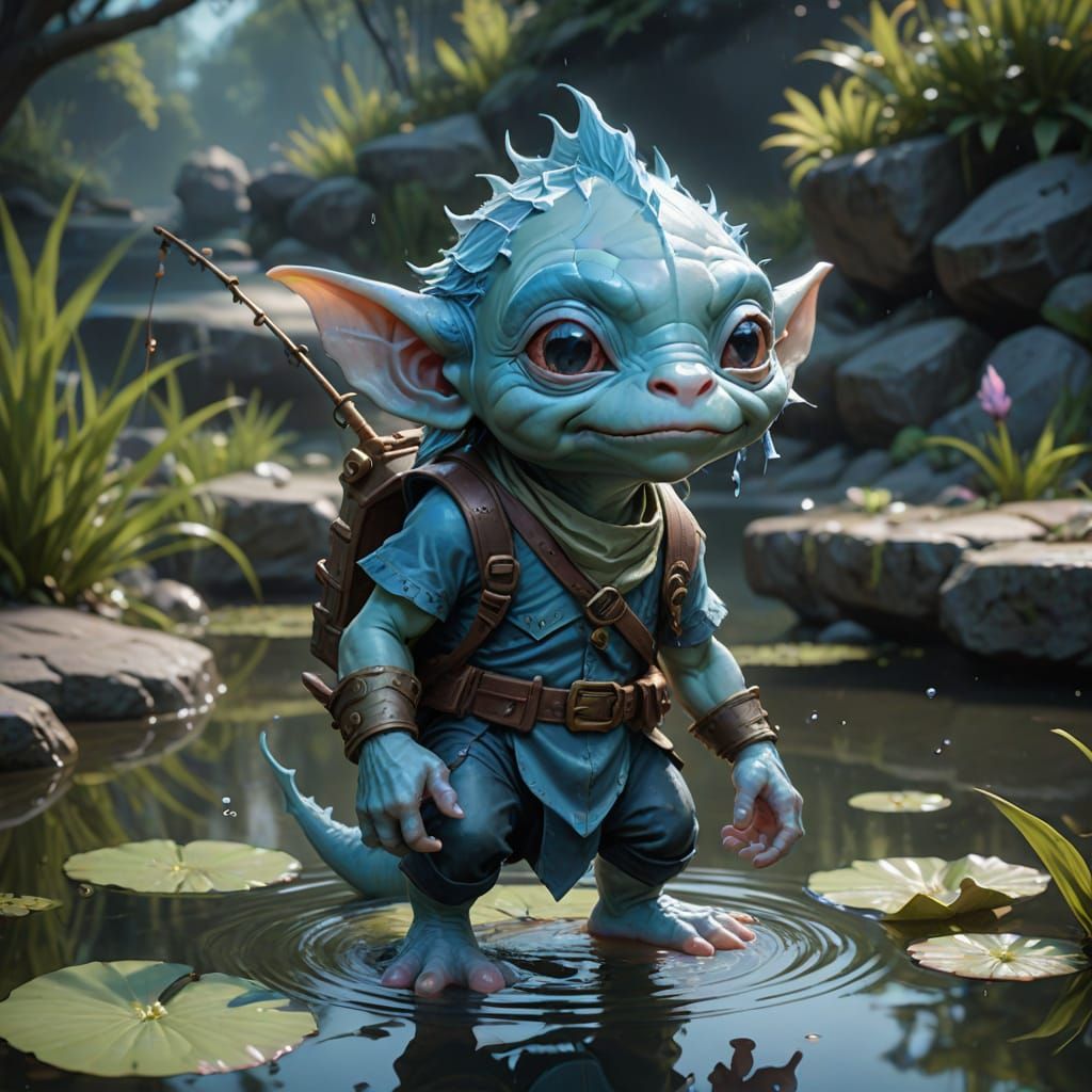 Blue Water Goblin Fishing, Digital Art Portrait