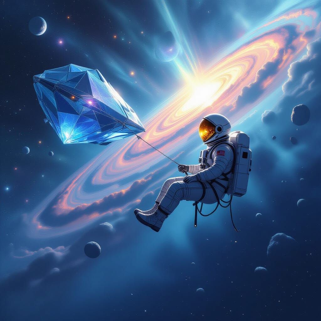 Astronaut Adrift Near Crystalline Spaceship in Cosmic Void