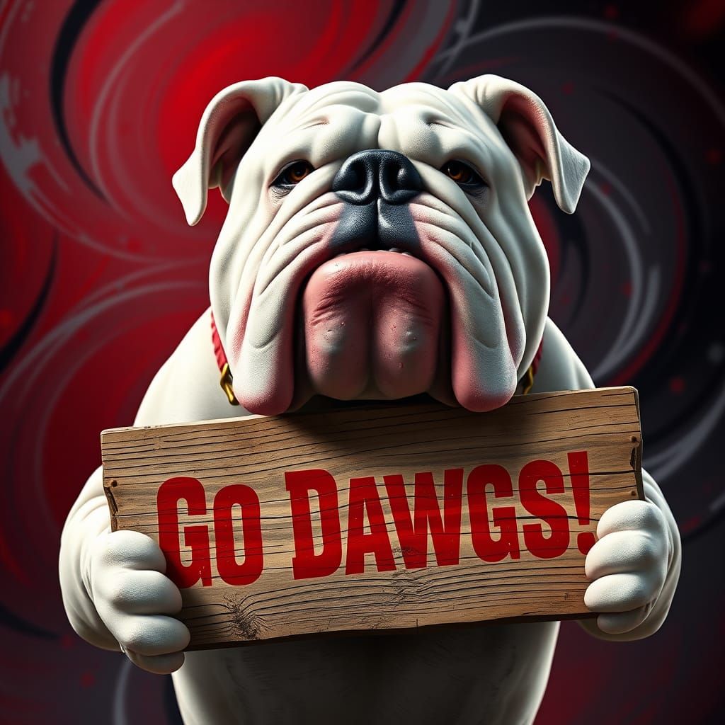Georgia Bulldog with Go Dawgs Sign in Hyperrealistic Style
