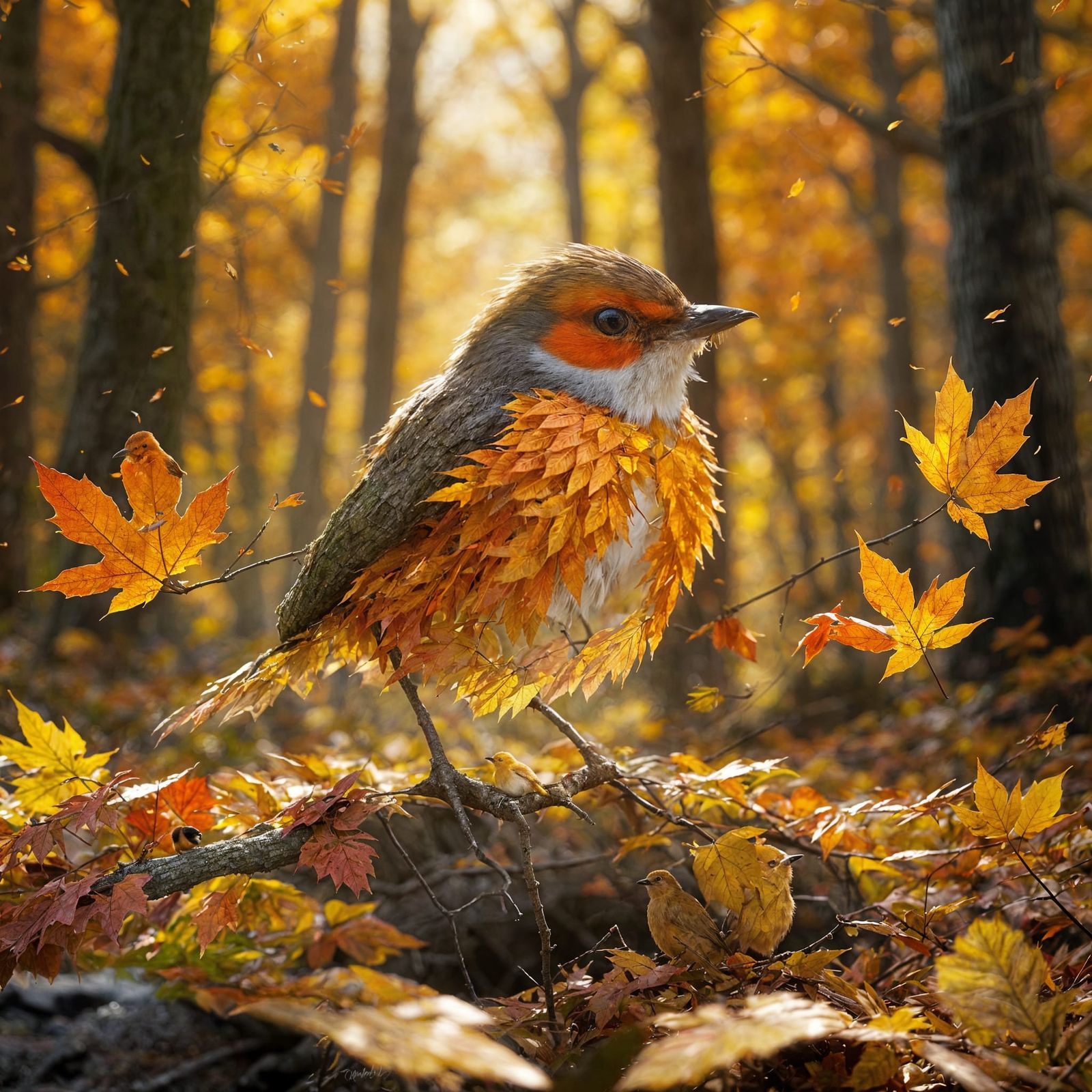 Autumn Bird Made of Leaves in Forest