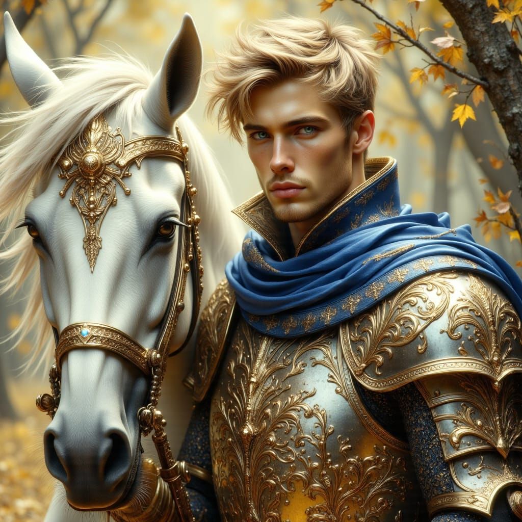Knight in Ornate Gold Armor with White Horse