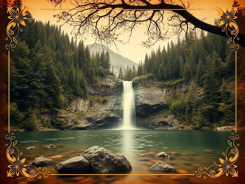 Majestic Mountain Waterfall in Sepia Tones