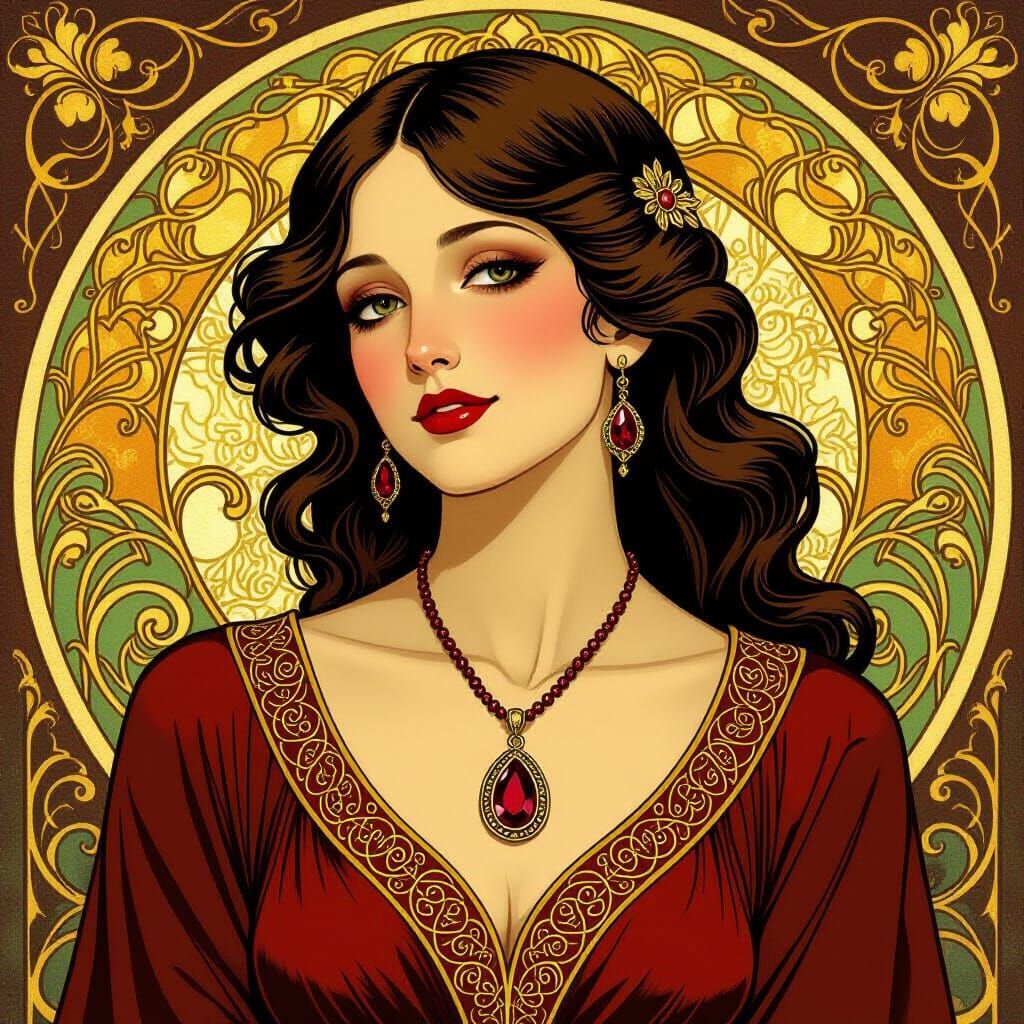 Garnet Pendant Woman in Art Nouveau Style