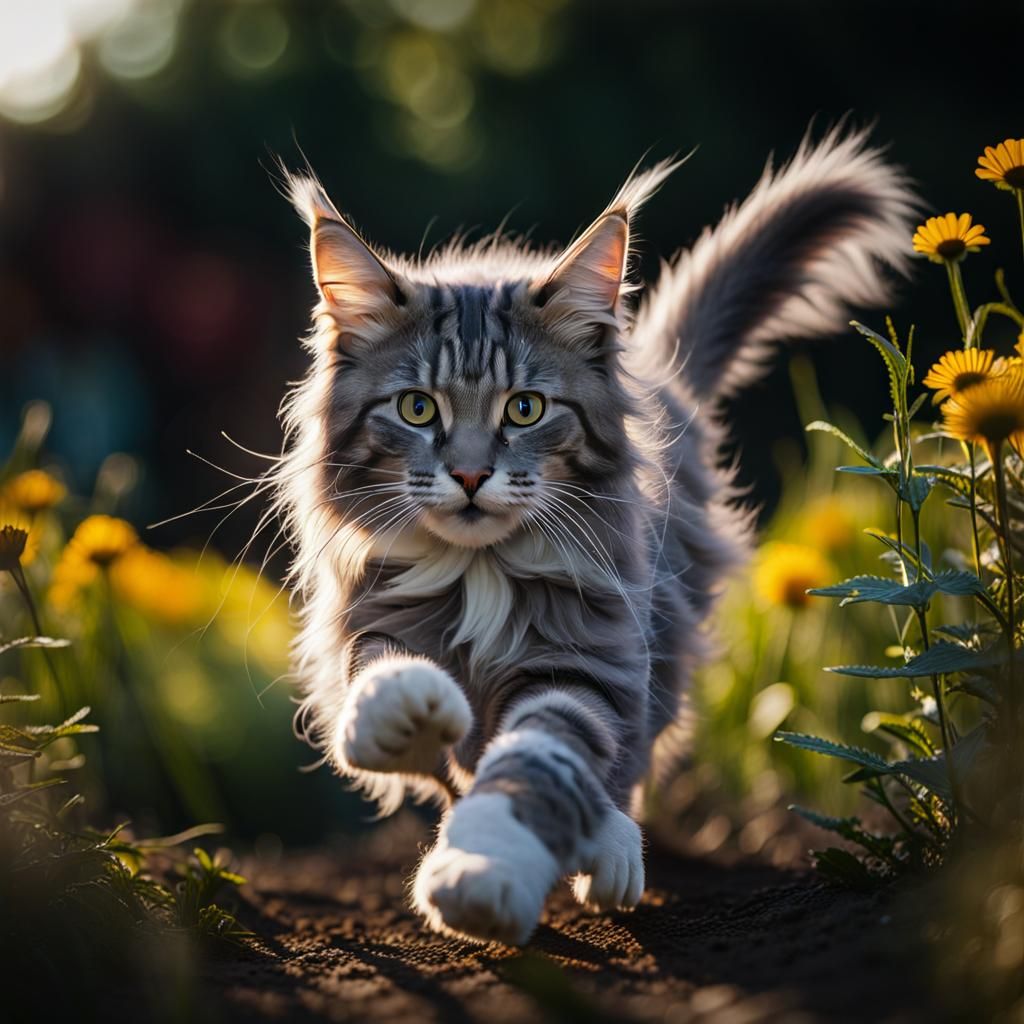 Hyperrealistic Mainecoon Cat Among Wildflowers, Photorealism